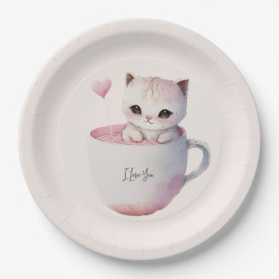 Cute White-Pink Cat in a Tea Cup (4) Paper Plates