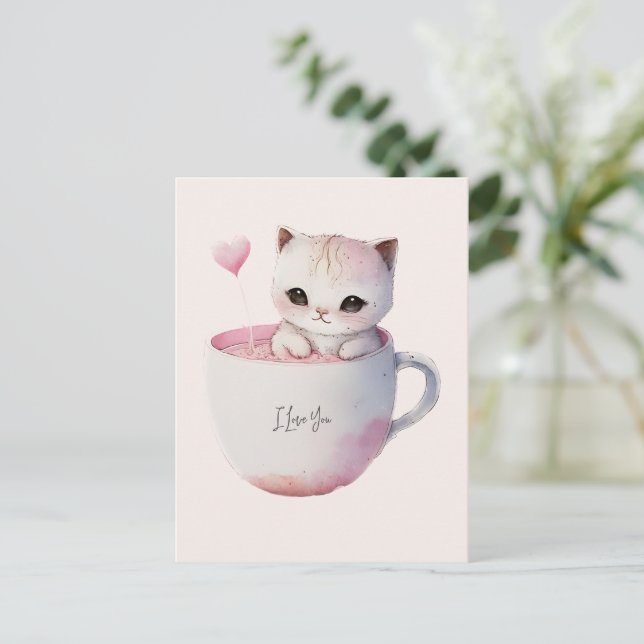 Cute White-Pink Cat in a Tea Cup (4) Postcard (Standing Front)