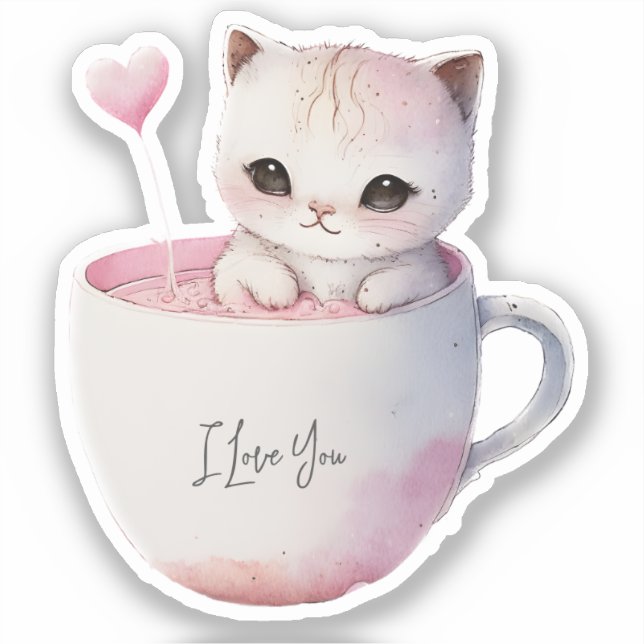 Cute White-Pink Cat in a Tea Cup (4) Sticker (Front)