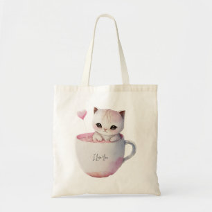 Cute White-Pink Cat in a Tea Cup (4) Tote Bag