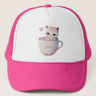 Cute White-Pink Cat in a Tea Cup (4) Trucker Hat