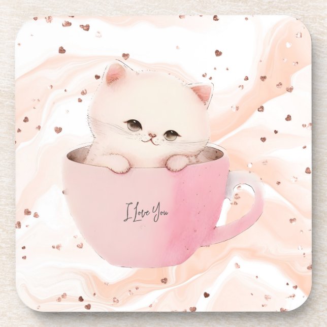 Cute White-Pink Cat in a Tea Cup Beverage Coaster (Front)