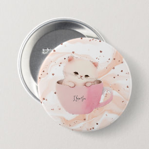 Cute White-Pink Cat in a Tea Cup Button
