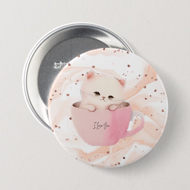 Cute White-Pink Cat in a Tea Cup Button (Front & Back)
