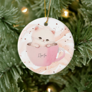 Cute White-Pink Cat in a Tea Cup Ceramic Ornament