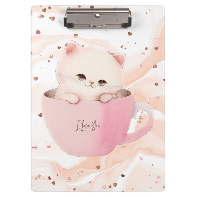 Cute White-Pink Cat in a Tea Cup Clipboard (Front)