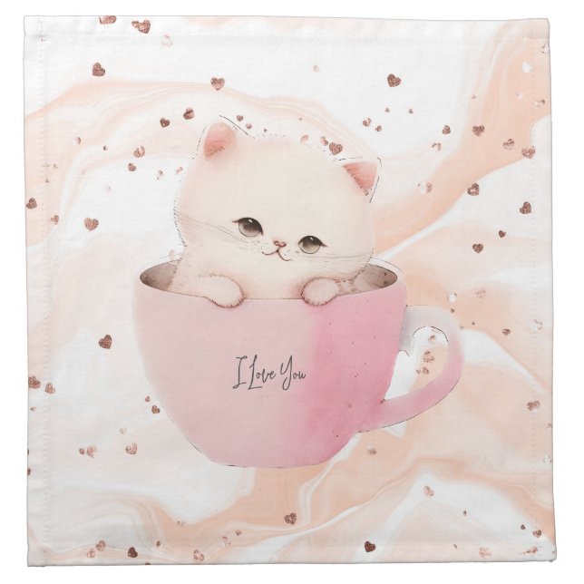 Cute White-Pink Cat in a Tea Cup Cloth Napkin (Front)