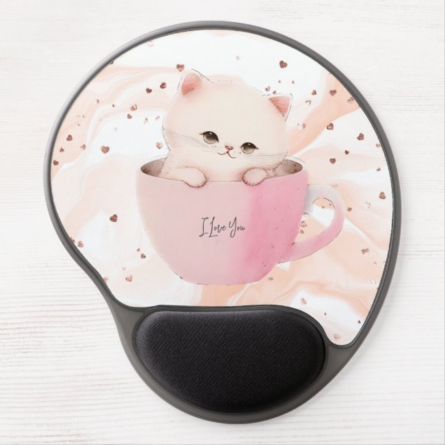 Cute White-Pink Cat in a Tea Cup Gel Mouse Pad (Front)