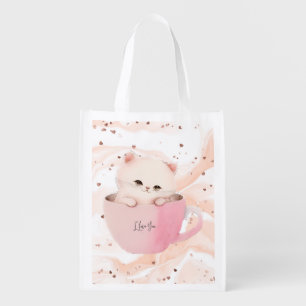 Cute White-Pink Cat in a Tea Cup Grocery Bag