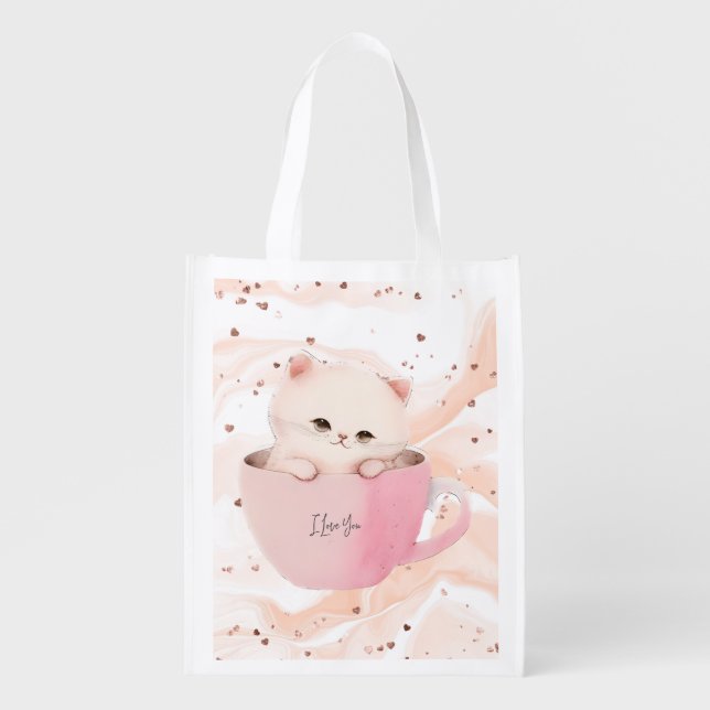 Cute White-Pink Cat in a Tea Cup Grocery Bag (Front)