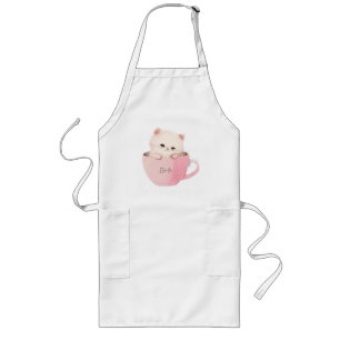 Cute White-Pink Cat in a Tea Cup Long Apron