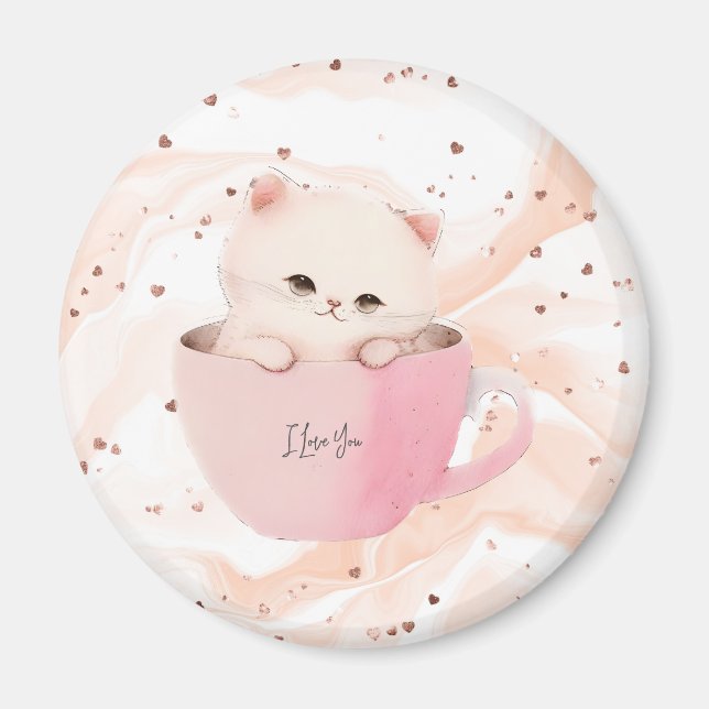 Cute White-Pink Cat in a Tea Cup Magnet (Front)