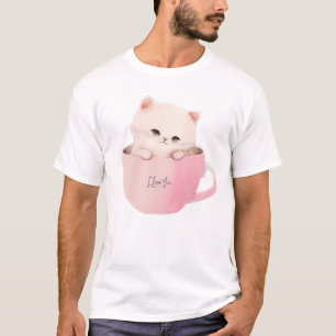 Cute White-Pink Cat in a Tea Cup T-Shirt