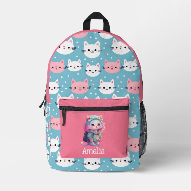 Cute White & Pink Cat Pattern Backpack (Front)