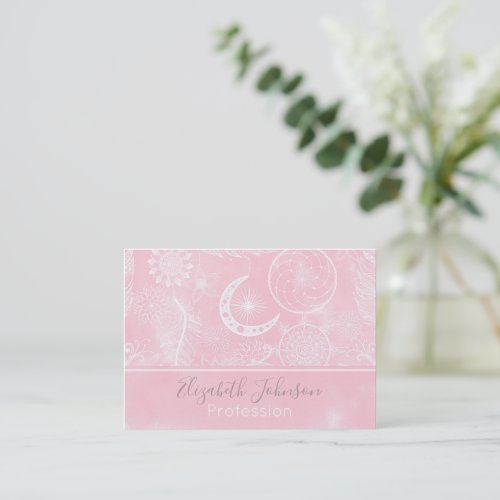 Cute White  Pink Dreamcatcher Feathers Mandala Business Card