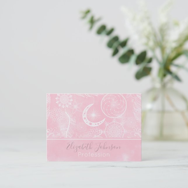 Cute White & Pink Dreamcatcher Feathers Mandala Business Card (Standing Front)