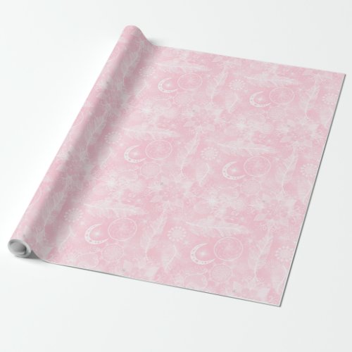 Cute White  Pink Dreamcatcher Feathers Mandala Wrapping Paper