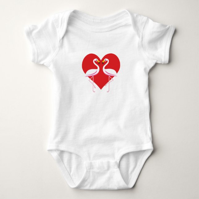 Cute White Pink Flamingos with Red Heart Baby Bodysuit (Front)