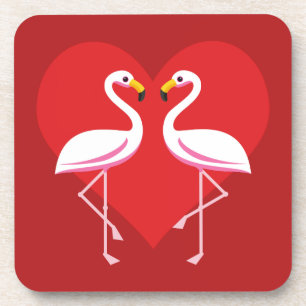 Cute White Pink Flamingos with Red Heart Beverage Coaster
