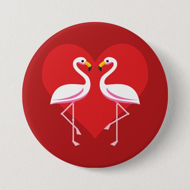Cute White Pink Flamingos with Red Heart Button (Front)