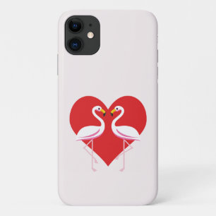Cute White Pink Flamingos with Red Heart iPhone 11 Case