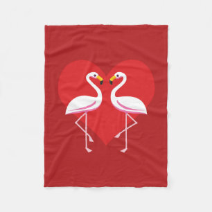 Cute White Pink Flamingos with Red Heart Fleece Blanket
