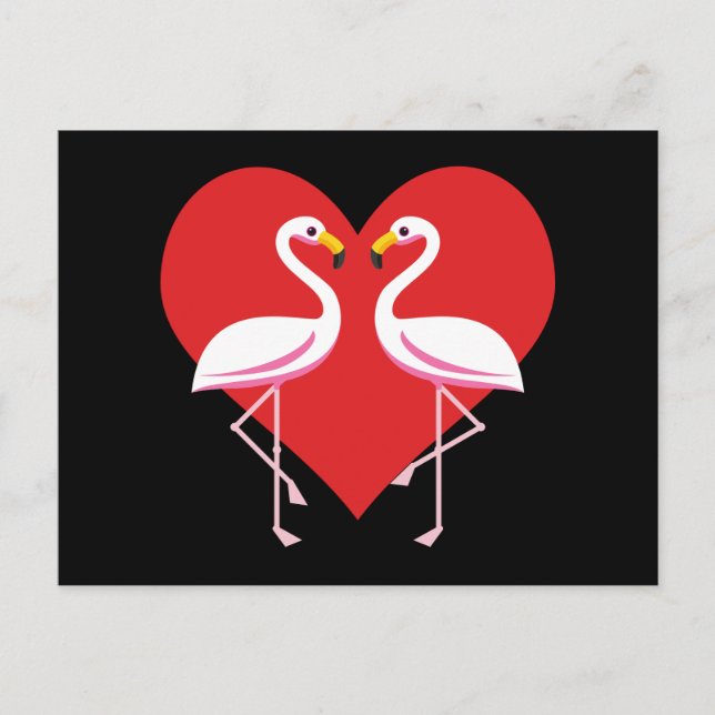 Cute White Pink Flamingos with Red Heart Holiday Postcard (Front)