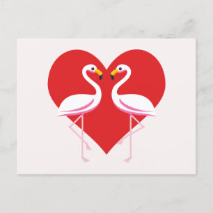 Cute White Pink Flamingos with Red Heart Holiday Postcard