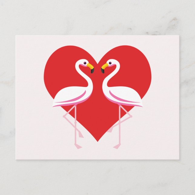 Cute White Pink Flamingos with Red Heart Holiday Postcard (Front)