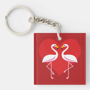 Cute White Pink Flamingos with Red Heart Keychain