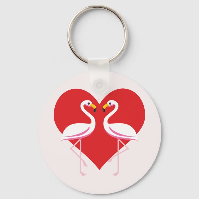 Cute White Pink Flamingos with Red Heart Keychain (Front)