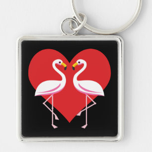 Cute White Pink Flamingos with Red Heart Keychain