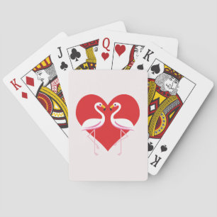 Cute White Pink Flamingos with Red Heart Poker Cards