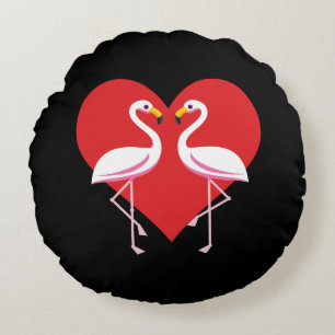 Cute White Pink Flamingos with Red Heart Round Pillow
