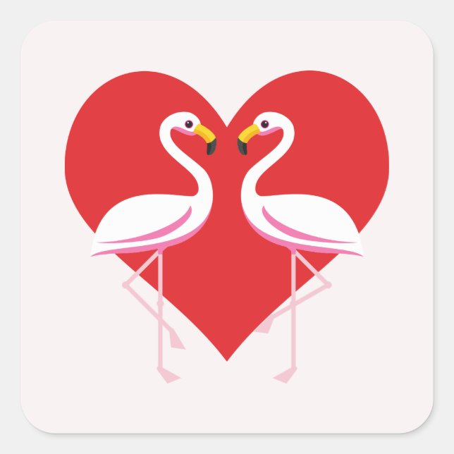 Cute White Pink Flamingos with Red Heart Square Sticker (Front)
