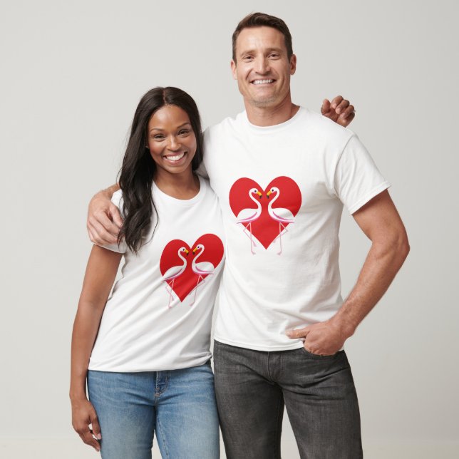 Cute White Pink Flamingos with Red Heart T-Shirt (Unisex)
