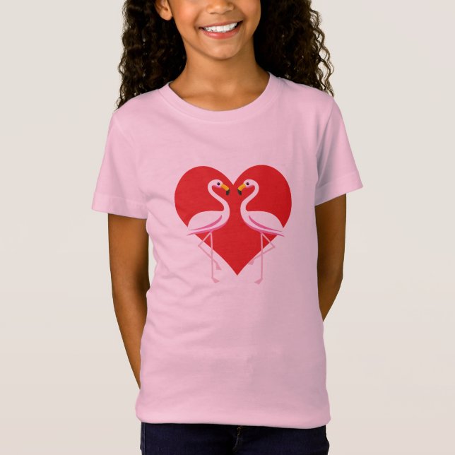 Cute White Pink Flamingos with Red Heart T-Shirt (Front)