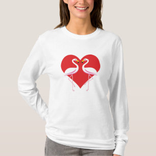 Cute White Pink Flamingos with Red Heart T-Shirt
