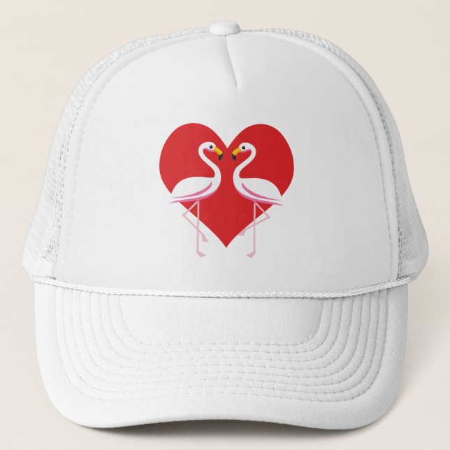 Cute White Pink Flamingos with Red Heart Trucker Hat (Front)
