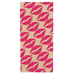 Cute white pink kisses pattern neck tie wood flash drive