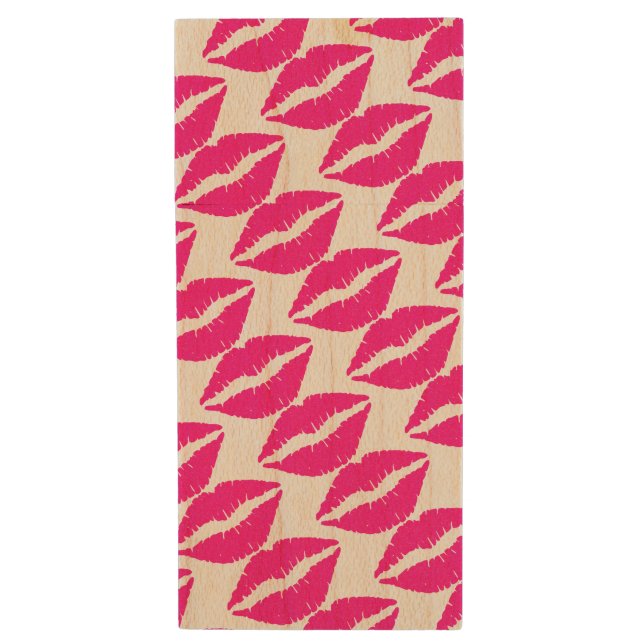 Cute white pink kisses pattern neck tie wood flash drive (Front Vertical)