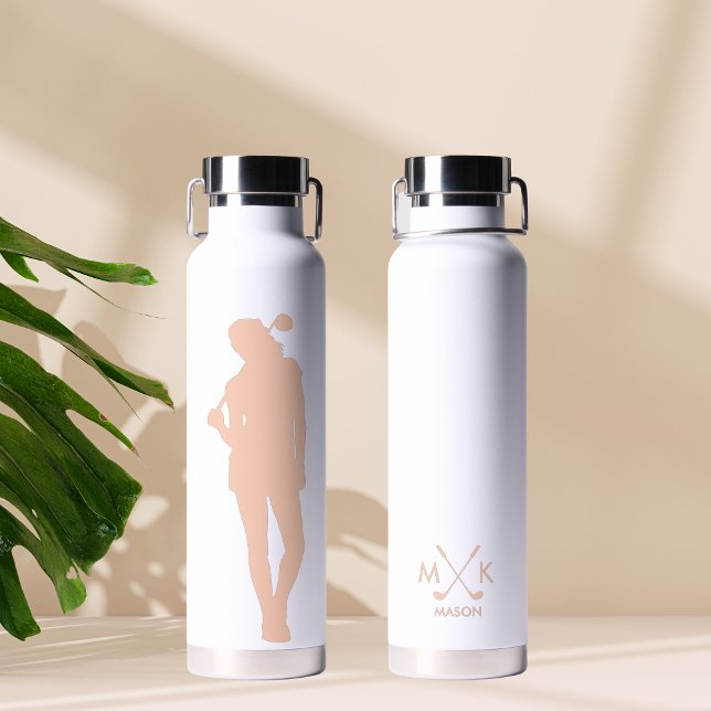Cute White Pink Modern Female Golfer Monogram Water Bottle (Creator Uploaded)