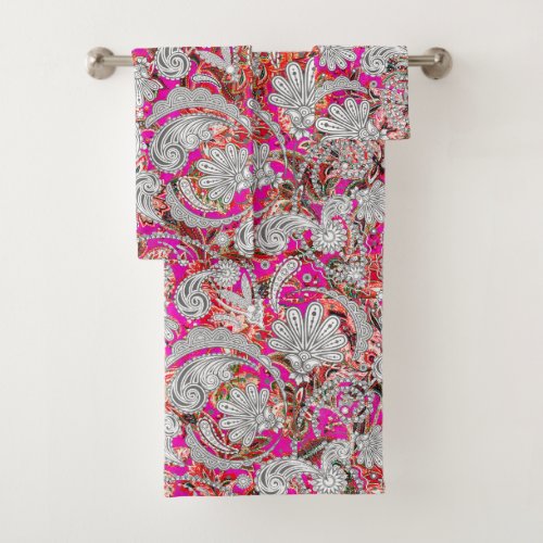 Cute white pink paisley patterns bath towel set