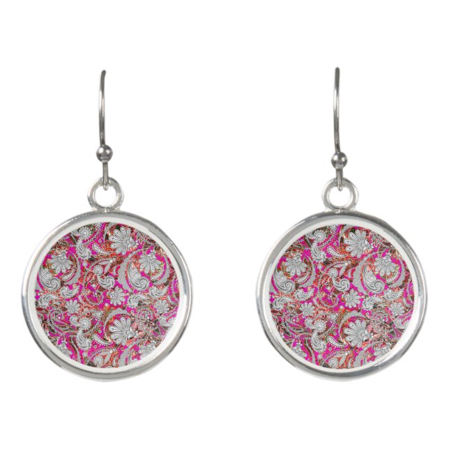 Cute white pink paisley patterns earrings (Front)