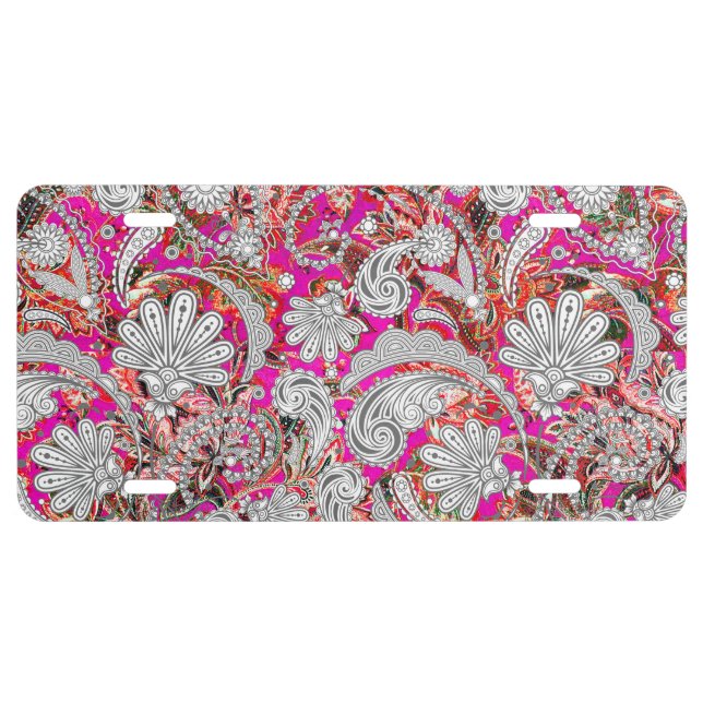 Cute white pink paisley patterns license plate (Front)