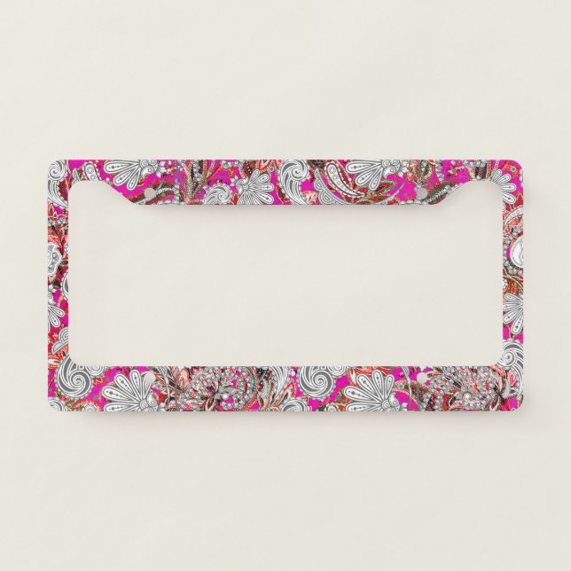 Cute white pink paisley patterns license plate frame (Front)