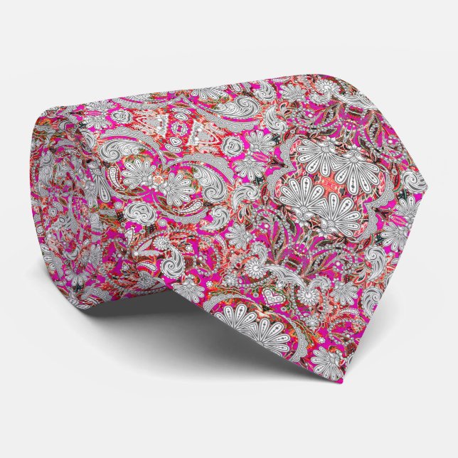 Cute white pink paisley patterns neck tie (Rolled)