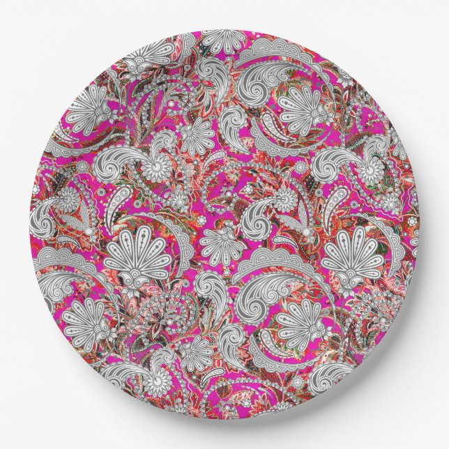 Cute white pink paisley patterns paper plates (Front)