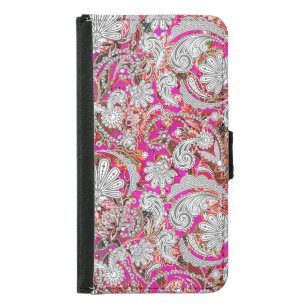 Cute white pink paisley patterns wallet phone case for samsung galaxy s5