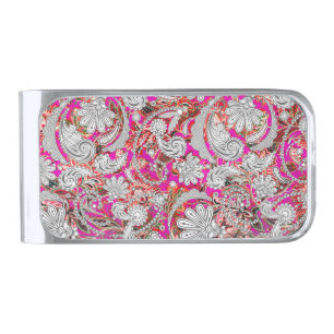 Cute white pink paisley patterns silver finish money clip